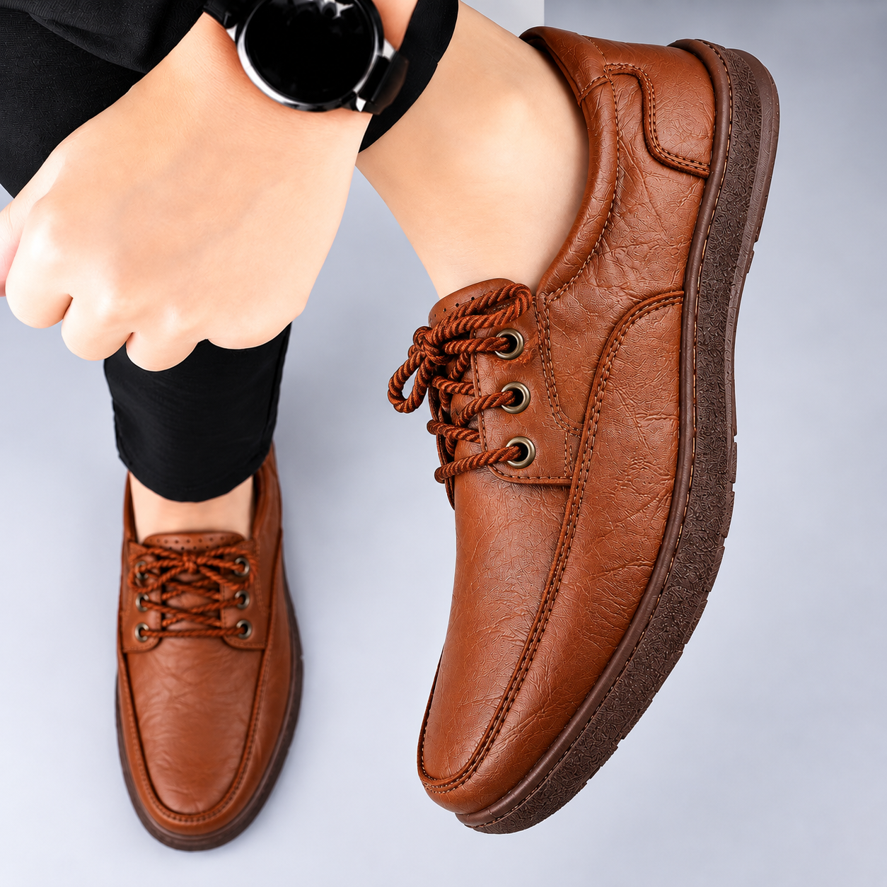 Brown Leather Shoes in Studio Pose CASUAL SHOES (ফিতা) H21 muster - Image 1