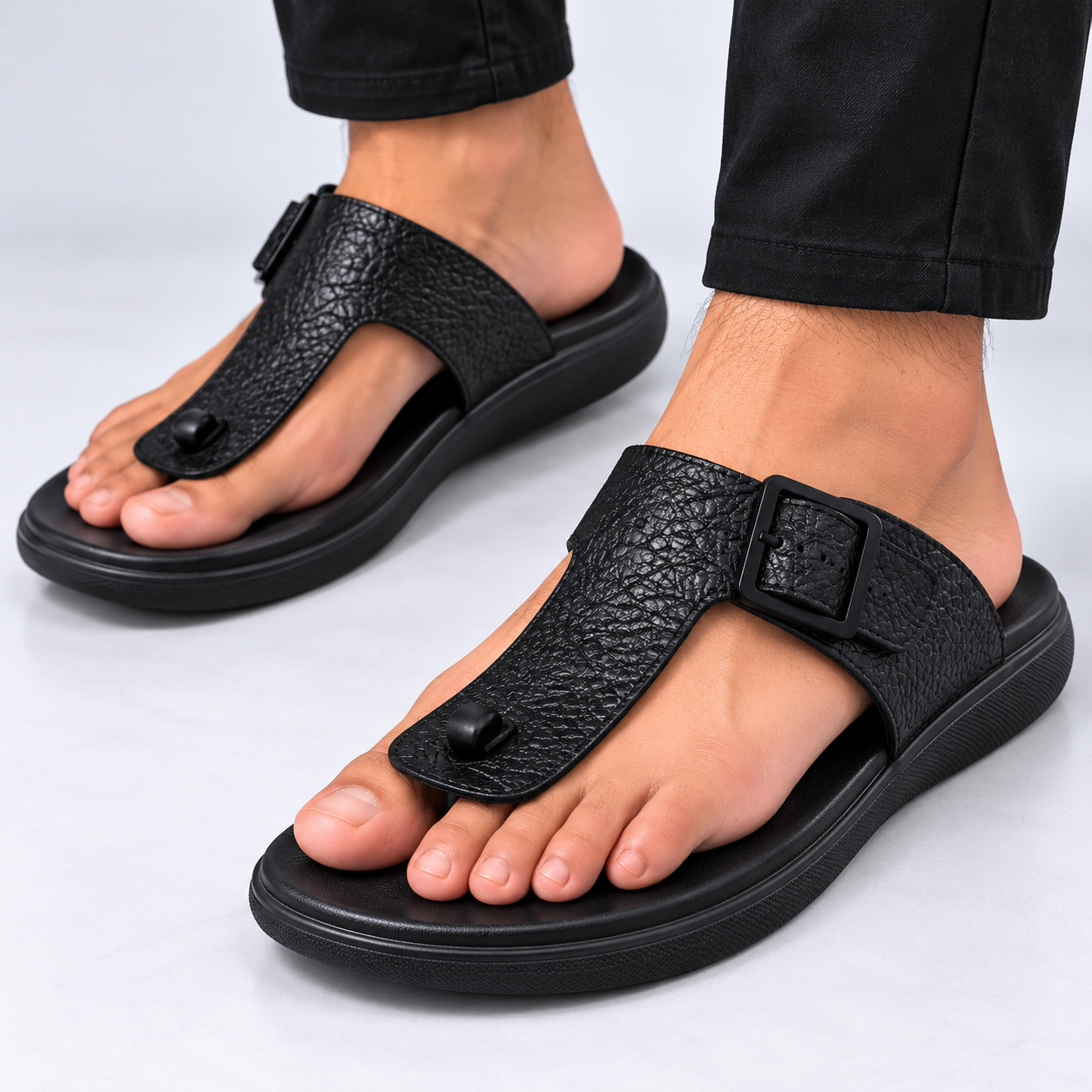 Textured Black Thong Sandals in Studio New Premium Leather Sandal 160 Black. - Image 1